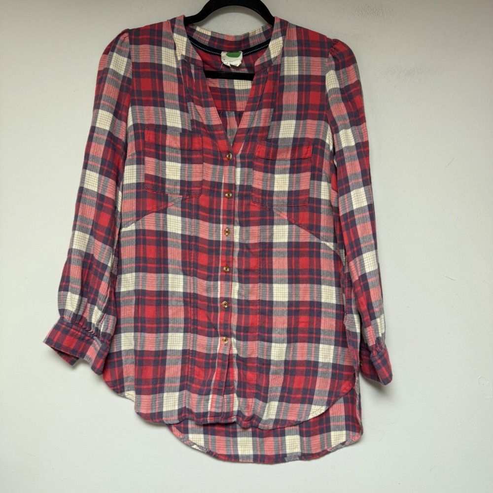 Anthropologie Plaid Tunic Women Size 6 Red Navy Excellent High Low Button Down